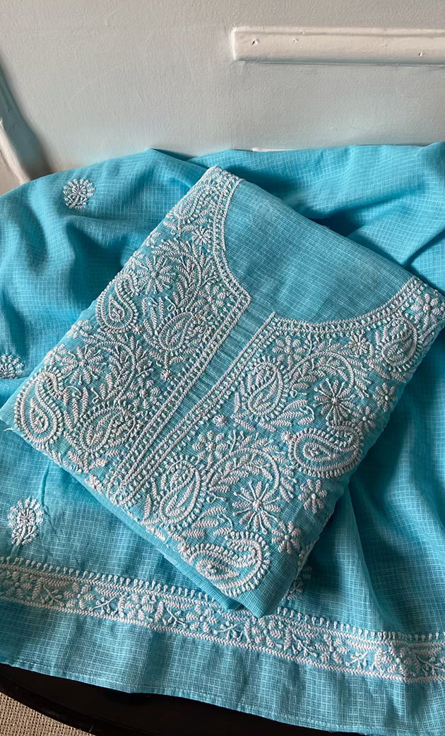 Women's Lucknowi Handcrafted Kota Cotton Chikankari Unstitched Kurta And Dupatta Set - HONC0306633
