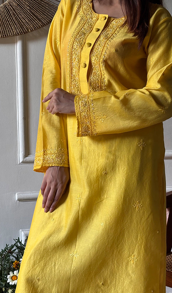 Ishita Women's Lucknowi Handcrafted Chanderi Silk Chikankari Kurti - HONC0340172