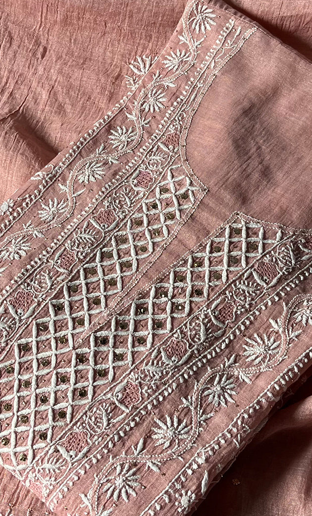 Women's Lakhnavi Handcrafted Tissue Chanderi Semi - Stitched Kurta And Dupatta Set - HONC0270643
