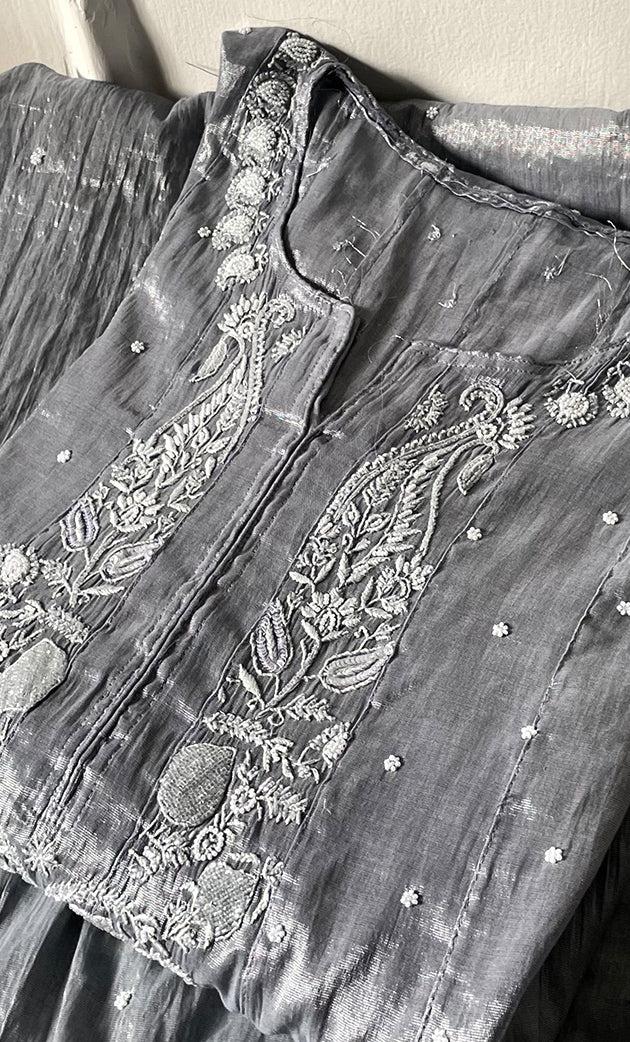 Women's Lakhnavi Handcrafted Tissue Chanderi Semi-Stitched Anarkali And Dupatta Set - HONC0323625