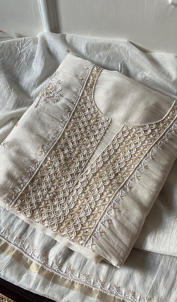 Women's Lakhnavi Handcrafted Mul Chanderi Unstitched Kurta And Dupatta Set - HONCO297198