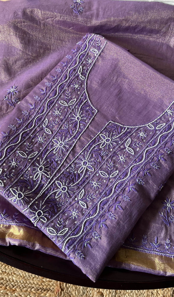 Women's Lakhnavi Handcrafted Tissue Chanderi Chikankari Suit Material - HONC0275989