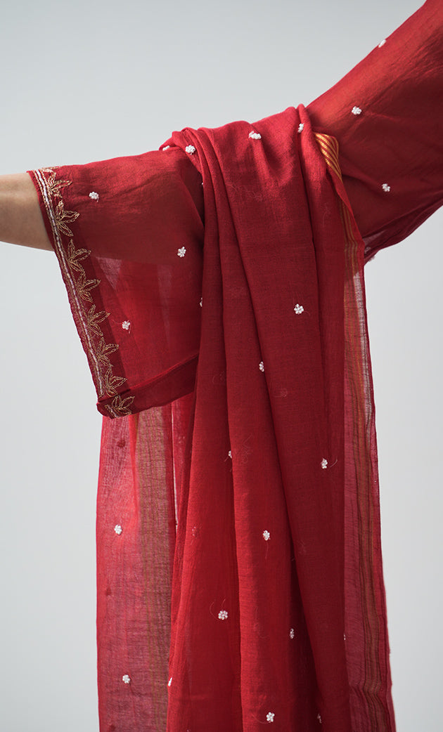 Women's Lakhnavi Handcrafted Mul Chanderi Chikankari Stitched Kurta, Dupatta And Pant Set - HONC0320723