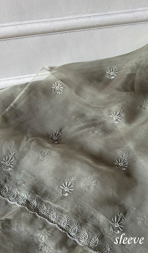 Women's Lakhnavi Handcrafted Pure Organza Chikankari Unstitched Kurta And Dupatta Set- HONC0342712