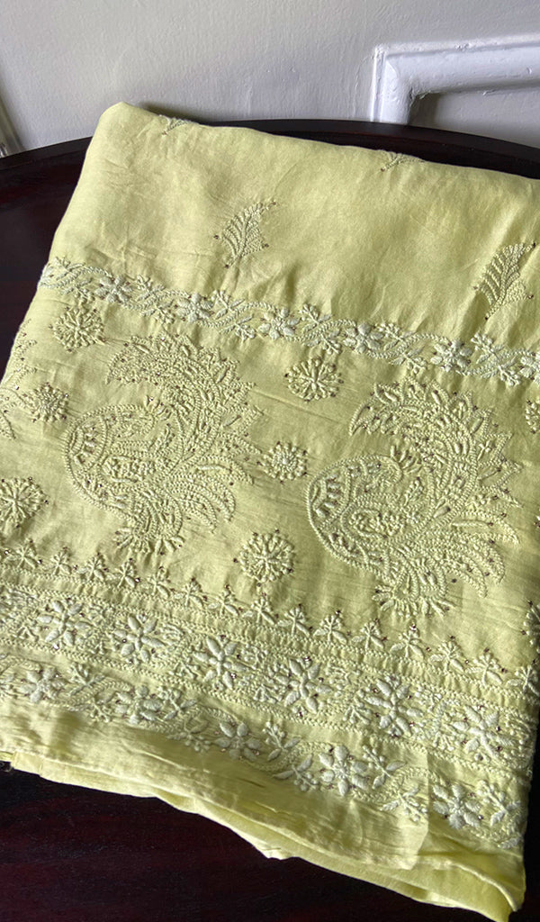 Women's Lakhnavi Handcrafted Chanderi Silk Chikankari Unstitched Kurti Fabric - HONC091933