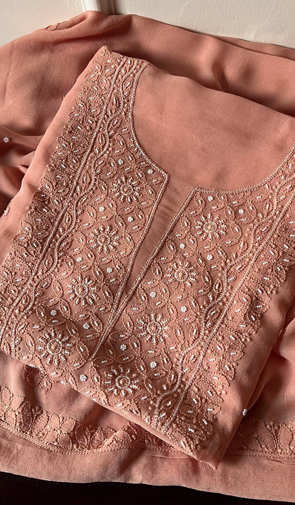 Women's Lakhnavi Handcrafted Viscose Georgette Chikankari Full Suit Material - HONC0267751