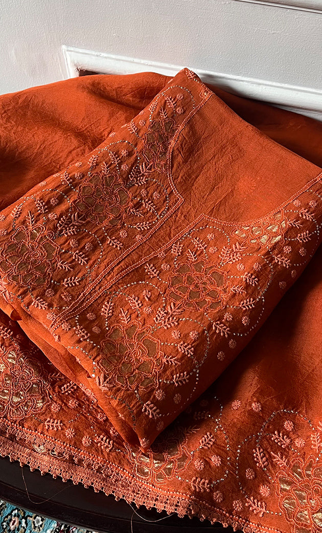 Mainaaj Women's Lakhnavi Handcrafted Pure Organza Chikankari Unstitched Kurta And Dupatta Set - HONC0330938