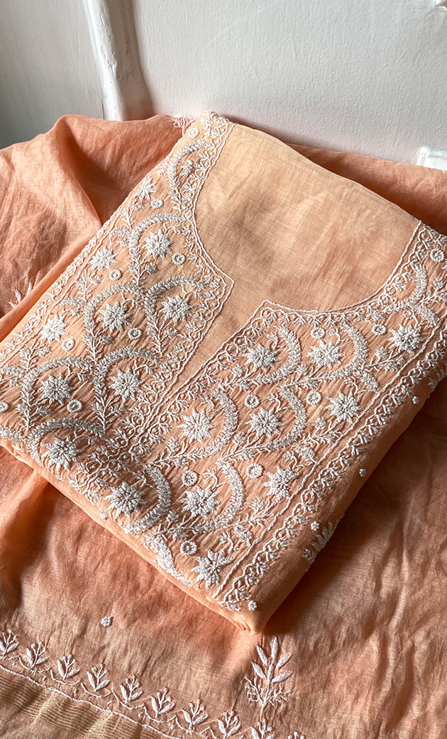 Women's Lakhnavi Handcrafted Unstitched Mul Chanderi Kurta And Dupatta Set - HONC0321794