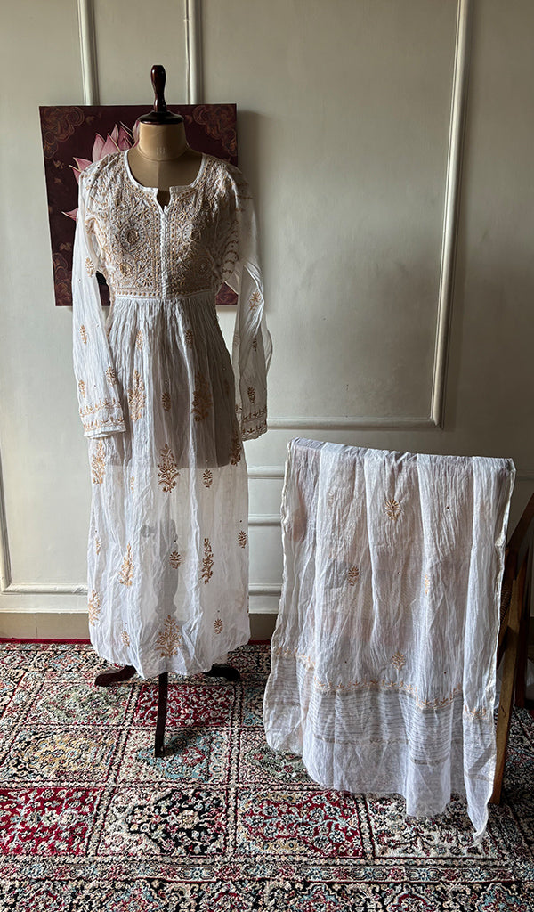 Women's Lakhnavi Handcrafted Mul Chanderi Semi - Stitchd Kurta And Dupatta Set - HONC0322122