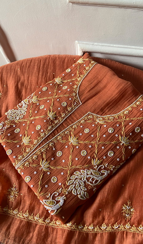 Orange Pure Mul Chanderi Chikankari 3 Pc Unstitched Suit Set