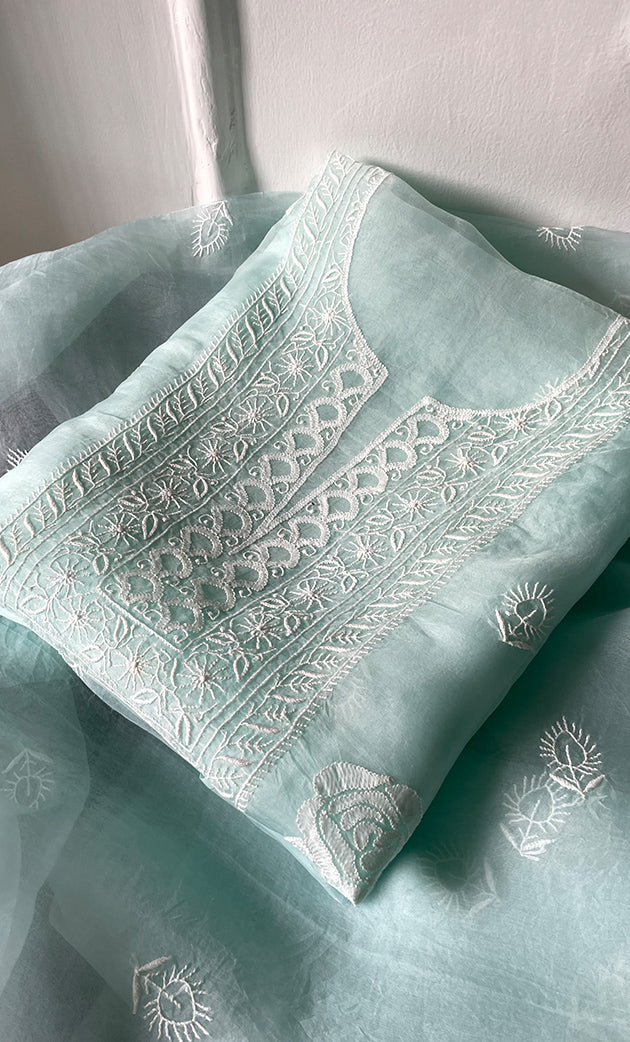 Women's Lakhnavi Handcrafted Pure Organza Chikankari Unstitched Kurta And Dupatta Set- HONC0314172