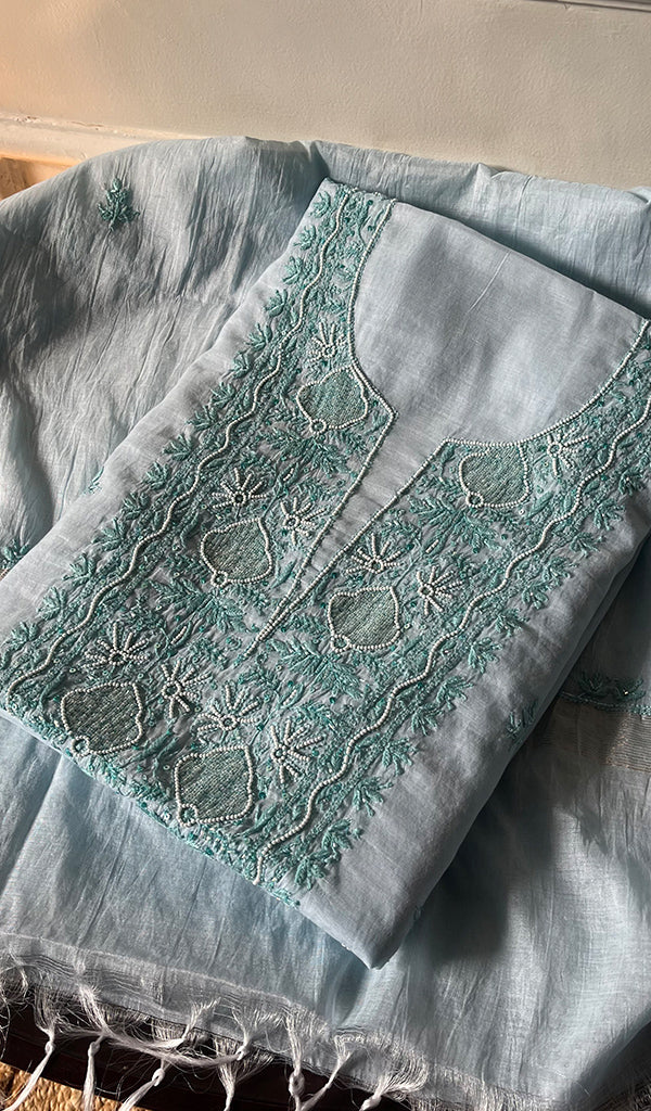 Women's Lakhnavi Handcrafted Mul Chanderi Chikankari Full Suit Material - HONC0287083