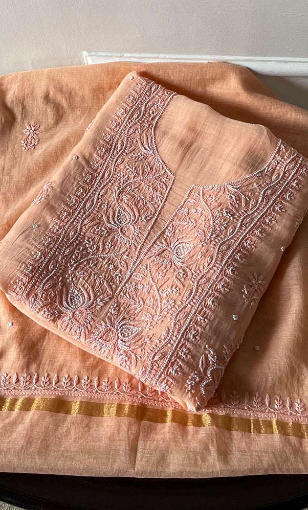 Women's Lakhnavi Handcrafted Unstitched  Mul Chanderi Chikankari Full Suit Material - HONC0301699