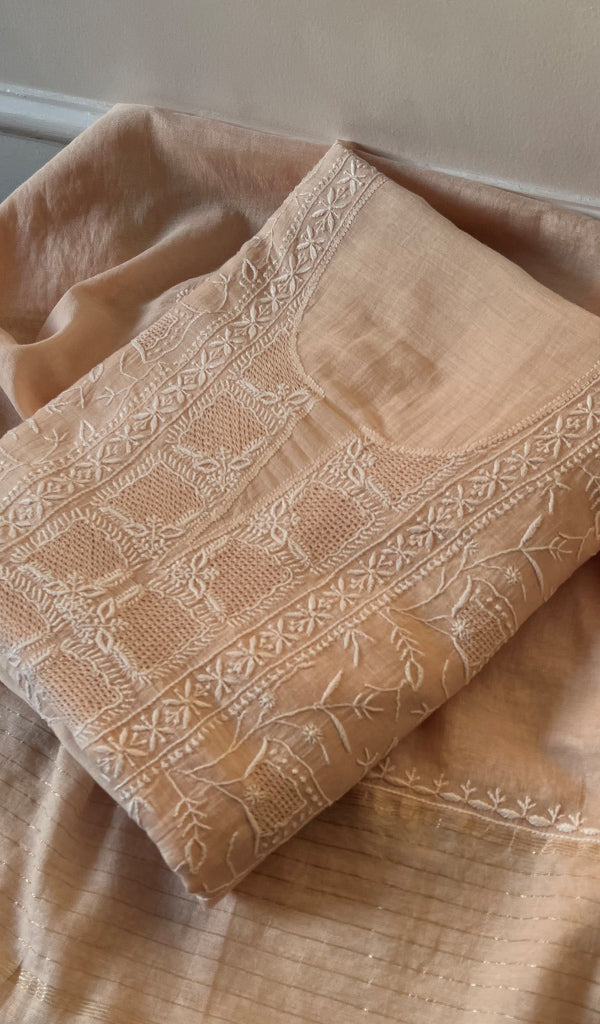 Women's Lakhnavi Handcrafted Mul Chanderi Unstitched Kurta And Dupatta Set - HONC0212278