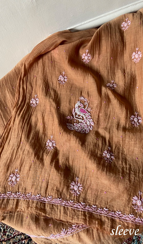 Women's Lakhnavi Handcrafted Mul Chanderi Unstitched Chikankari Full Suit Material - HONC0300387