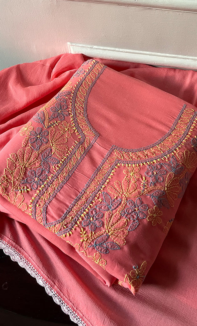 Women's Lakhnavi Handcrafted Unstitched Cotton Chikankari Suit Material - HONC03217898