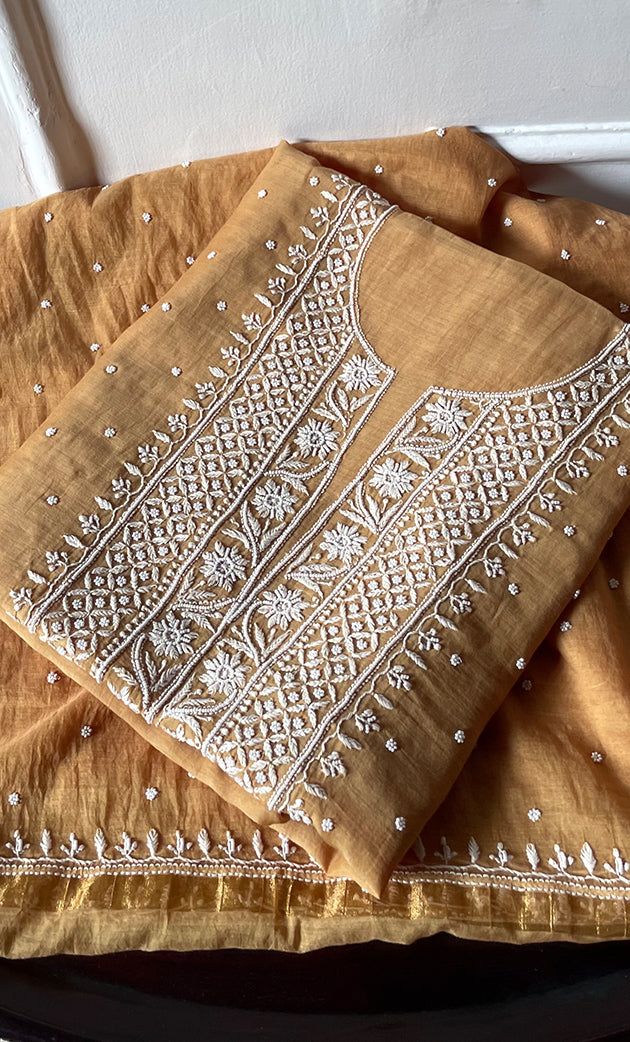 Women's Lakhnavi Handcrafted Mul Chanderi Unstitched Chikankari Full Suit Material - HONC0305480