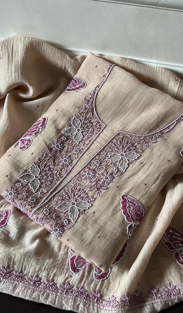 Women's Lakhnavi Handcrafted Mul Chanderi Unstitched Kurta And Dupatta Set - HONC0295615