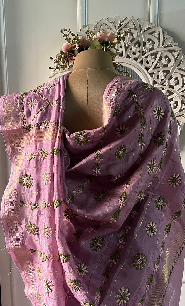 Women's Lakhnavi Handcrafted Mul Chanderi Chikankari Saree - HONC0312055