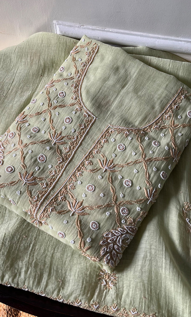 Women's Lakhnavi Handcrafted Mul Chanderi Unstitched Kurta And Dupatta Set - HONC0302264