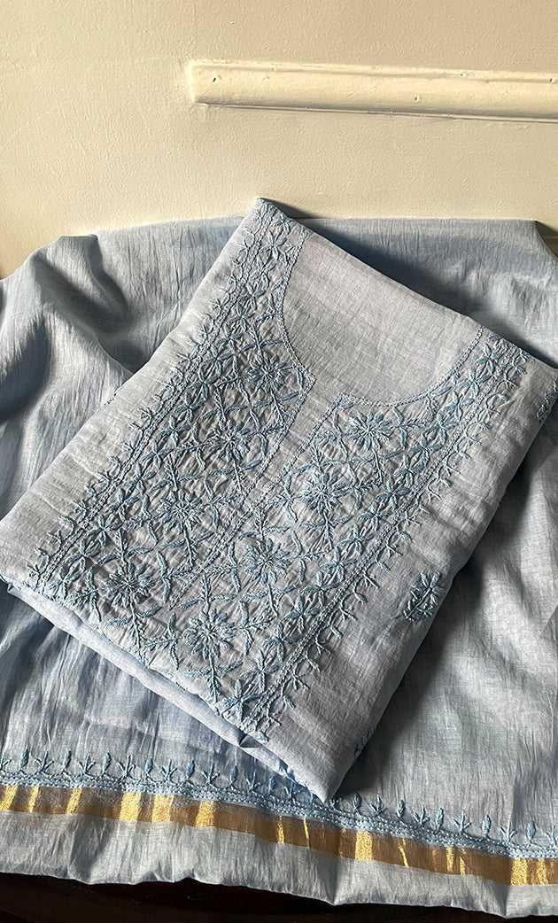 Women's Lakhnavi Handcrafted Mul Chanderi Unstitched Chikankari Full Suit Material - HONC0319533