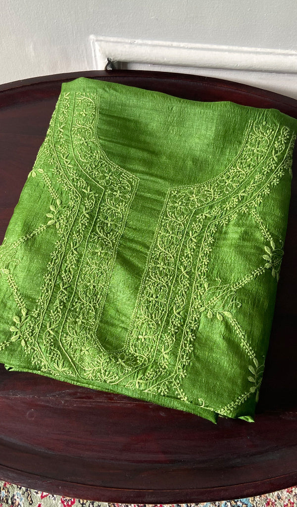 Women's Lakhnavi Handcrafted Tussar Silk Chikankari Unstitched Kurti Fabric - HONC0371822
