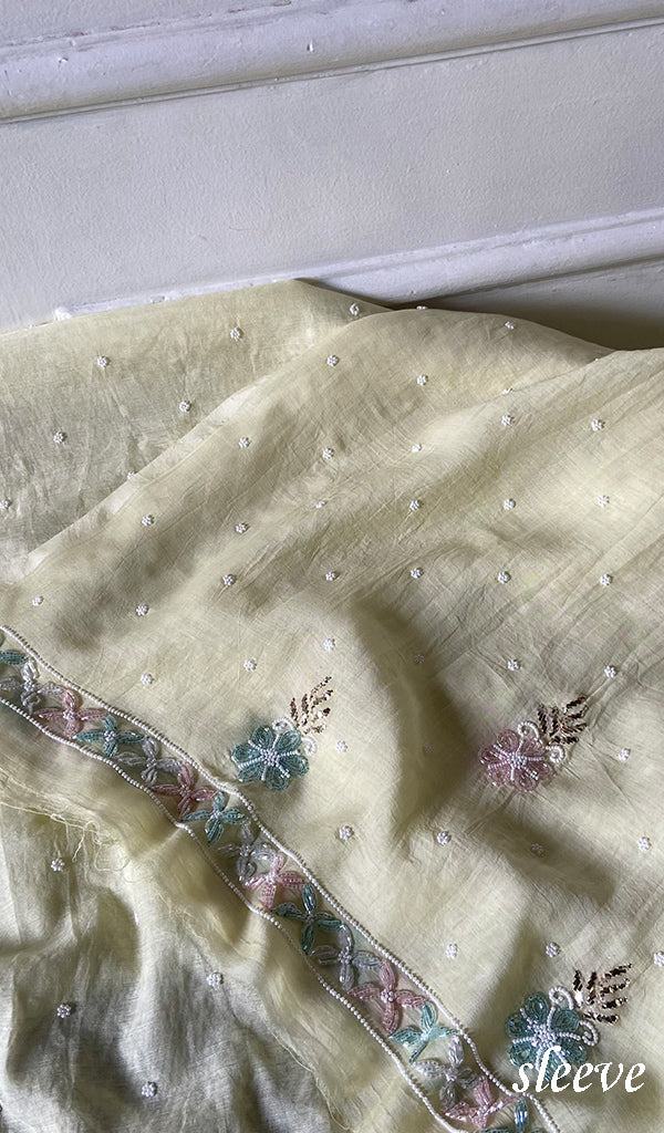 Women's Lakhnavi Handcrafted Mul Chanderi Unstitched Chikankari Full Suit Material - HONC0365830