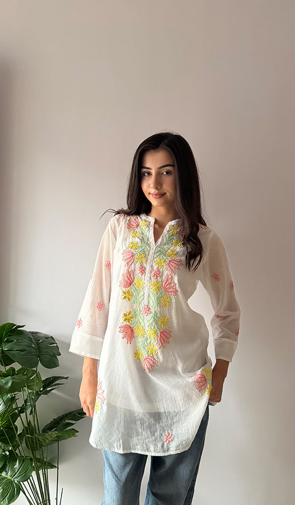 Sophia Women's Lakhnavi Handcrafted Mul Chanderi Chikankari Top - HONC0372954
