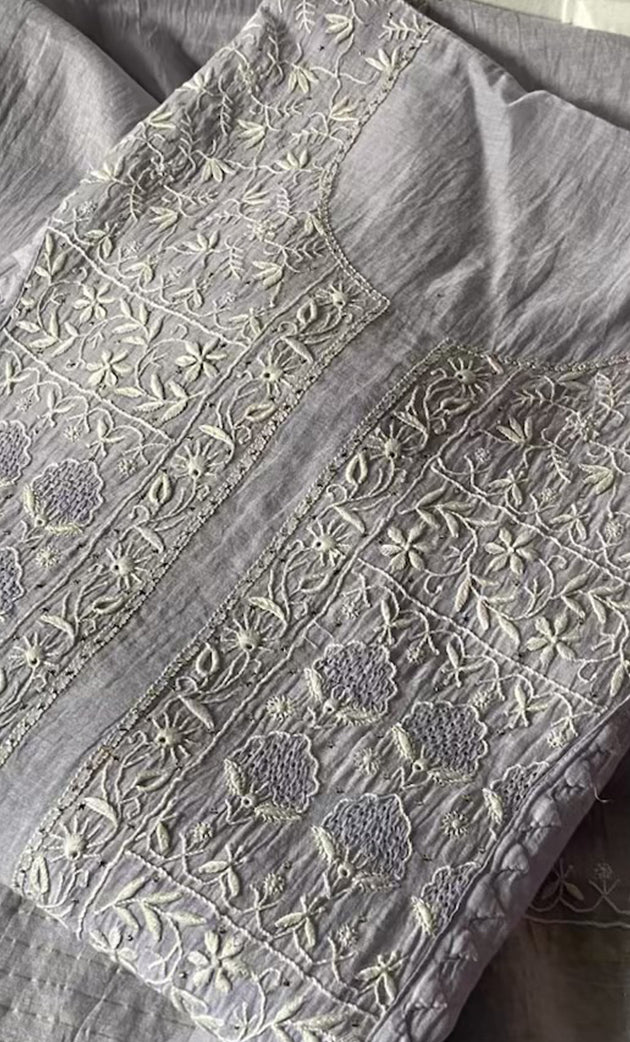 Women's Lakhnavi Handcrafted Mul Chanderi Semi - stitched Kurta And Dupatta Set- HONC0305163
