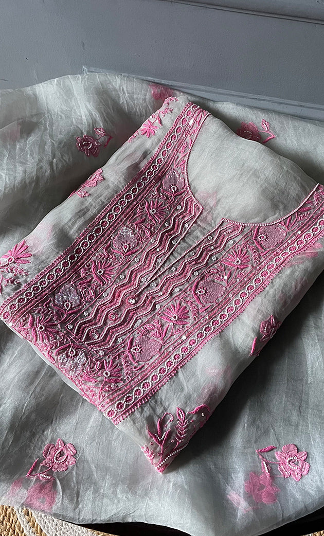 Women's Lakhnavi Handcrafted Pure Organza Chikankari Unstitched Kurta And Dupatta Set- HONC0303193