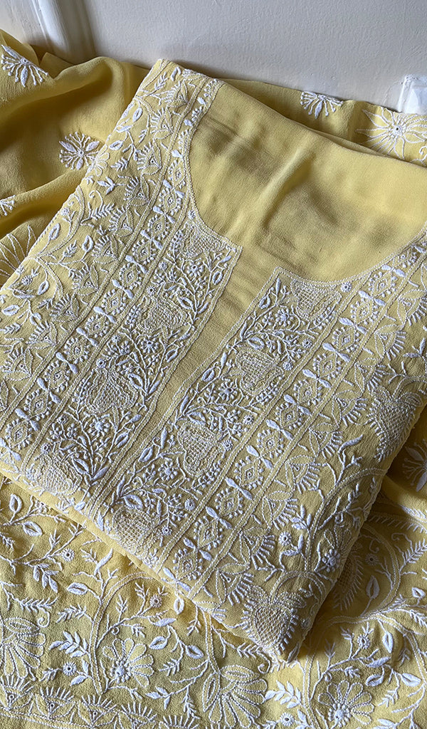 Women's Lakhnavi Handcrafted Pure Silk Georgette Chikankari Suit Material - HONC0260898