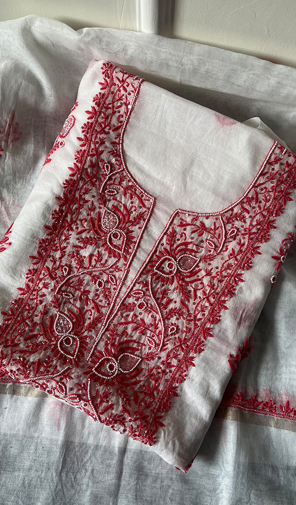 Women's Lakhnavi Handcrafted Mul Chanderi Unstitched Kurta And Dupatta Set - HONC0278140