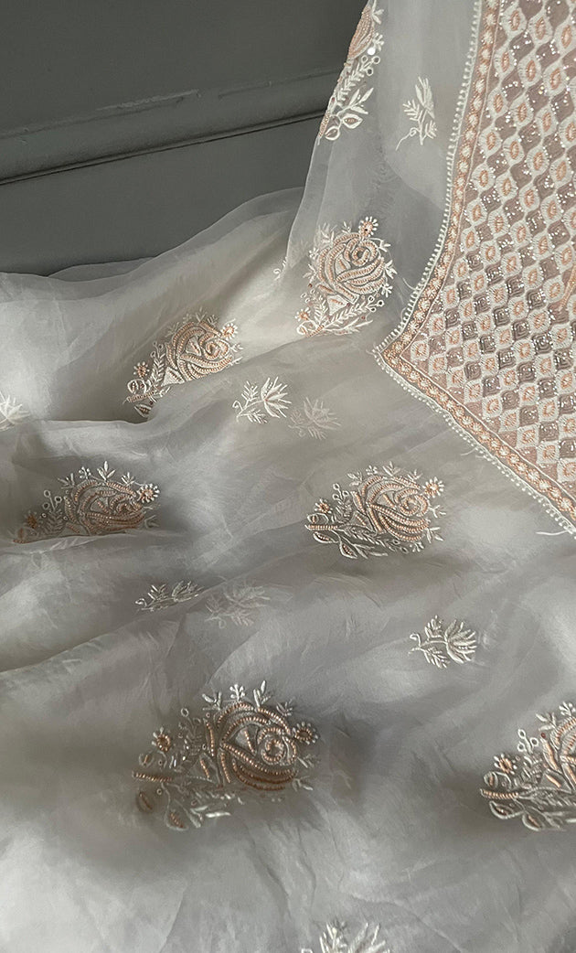 Women's Lakhnavi Handcrafted Pure Organza Chikankari Unstitched Kurta And Dupatta Set- HONC0304473