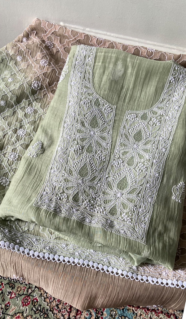 Women's Lakhnavi Handcrafted Mul Chanderi Unstitched Kurta And Dupatta Set - HONC0374248