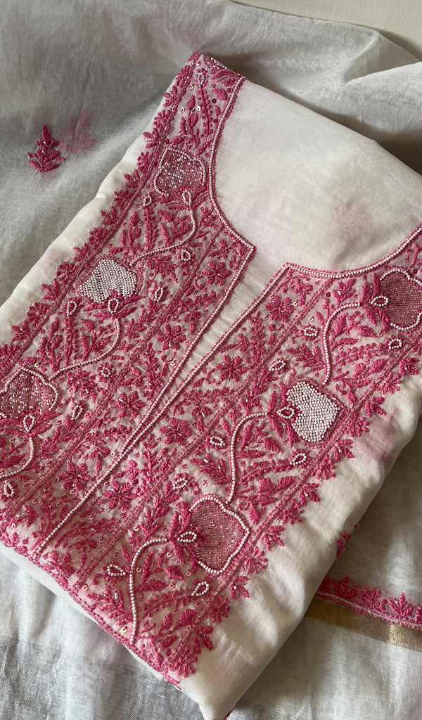 Women's Lakhnavi Handcrafted Mul Chanderi Unstitched Kurta And Dupatta Set - HONCO278141