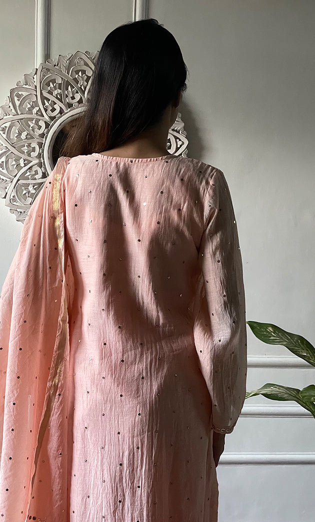 Women's Lakhnavi Handcrafted Mul Chanderi Chikankari Stitched Kurta, Dupatta And Pant Set - HONC03224190