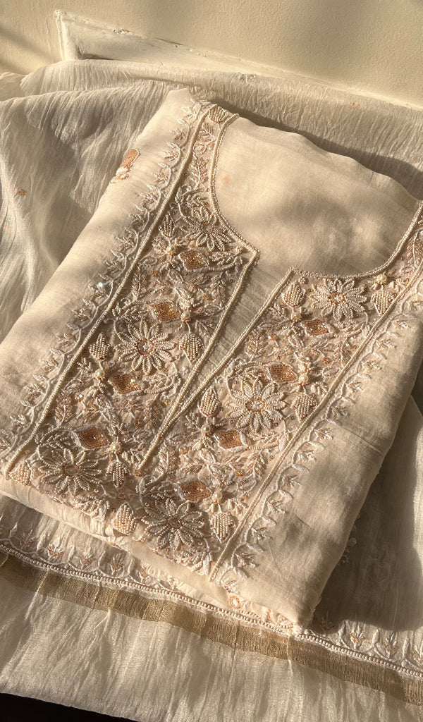Women's Lakhnavi Handcrafted Mul Chanderi Unstitched  Kurta And Dupatta Set- HONC0297200