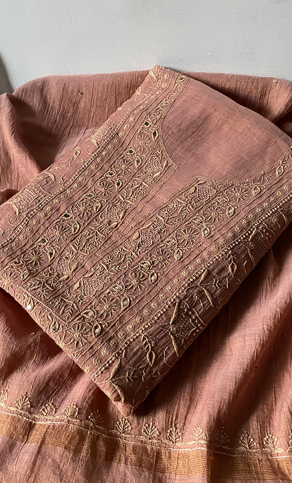 Women's Lakhnavi Handcrafted Tissue Chanderi Unstitched Kurta And Dupatta Set - HONC0270057