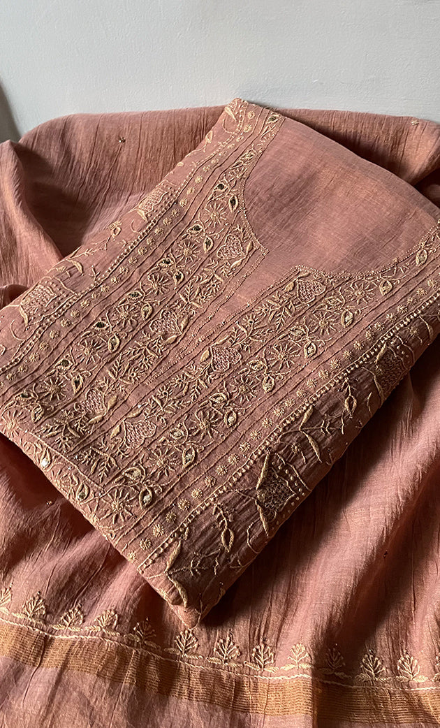 Women's Lakhnavi Handcrafted Tissue Chanderi Unstitched Kurta And Dupatta Set - HONC0270057