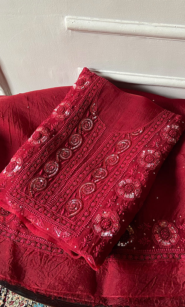 Gulalai Women's Lakhnavi Handcrafted Pure Organza Chikankari Unstitched Kurta And Dupatta Set- HONC0328888