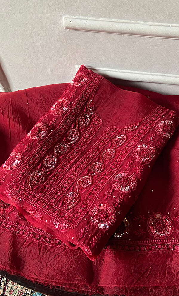 Gulalai Women's Lakhnavi Handcrafted Pure Organza Chikankari Unstitched Kurta And Dupatta Set- HONC0328888