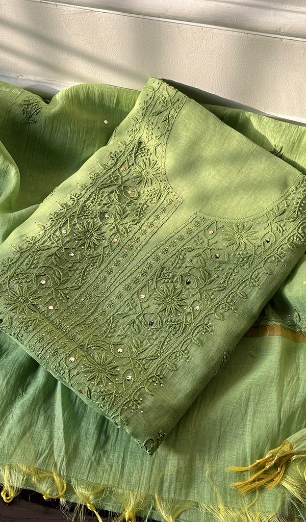 Women's Lakhnavi Handcrafted Mul Chanderi Chikankari Full Suit Material - HONC0282290