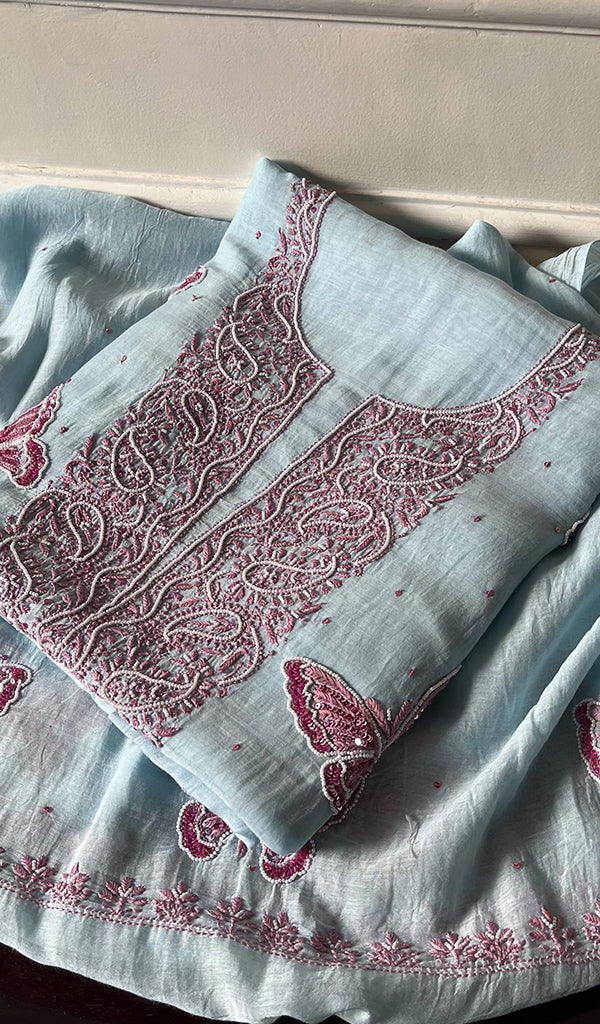 Women's Lakhnavi Handcrafted Mul Chanderi Unstitched Kurta And Dupatta Set - HONC0295608