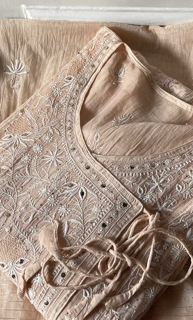 Women's Lakhnavi Handcrafted Mul Chanderi Semi - Stitched Kurta And Dupatta Set - HONC0284707