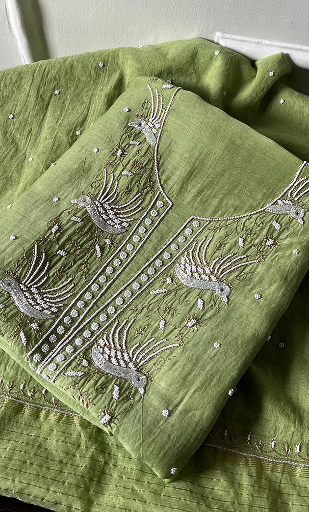 Chidiya Women's Lakhnavi Handcrafted Mul Chanderi Unstitched Kurta And Dupatta Set- HONC0330295