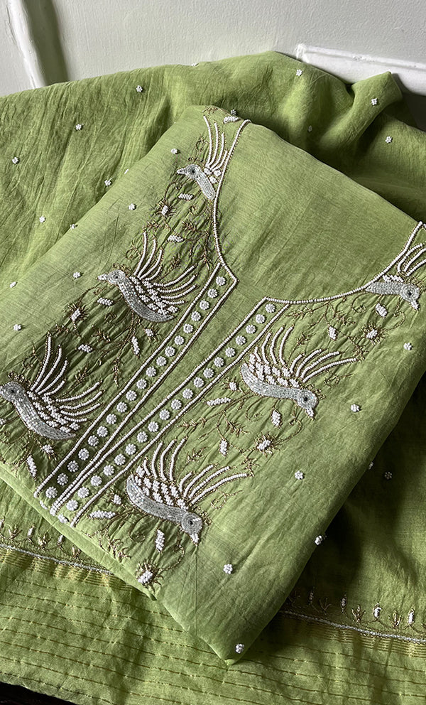 Chidiya Women's Lakhnavi Handcrafted Mul Chanderi Unstitched Kurta And Dupatta Set- HONC0330295