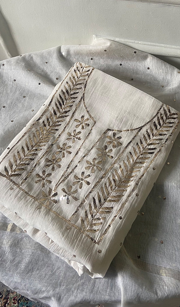 Women's Lakhnavi Handcrafted Mul Chanderi Unstitched Kurta And Dupatta Set - HONC0337819