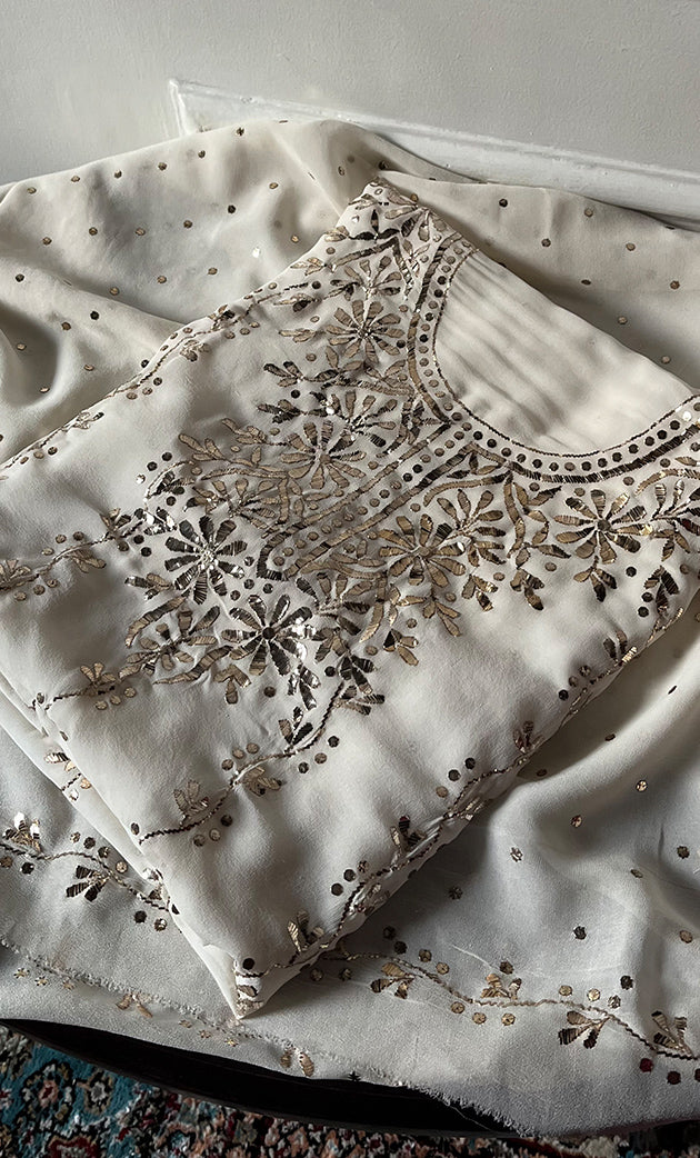 Women's Lakhnavi Handcrafted Pure Silk Georgette Chikankari Kurta And Dupatta Set- HONC0309588