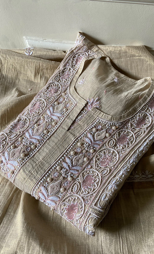 Women's Lakhnavi Handcrafted Tissue Chanderi Semi - stitched Kurta And Dupatta Set - HONC0297195