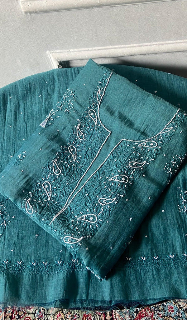 Women's Lakhnavi Handcrafted Mul Chanderi Unstitched Kurta And Dupatta Set - HONC0317807